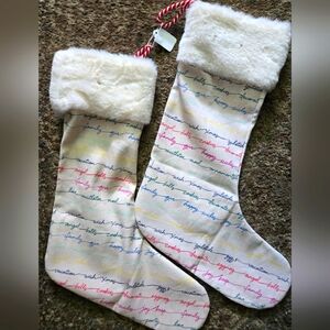 Festive White Holiday Stockings with Faux Fur Trim Rainbow Print Set Of 2